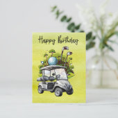 Golf Geburtstag mit Golfwagen Aquarell Postkarte (Stehend Vorderseite)