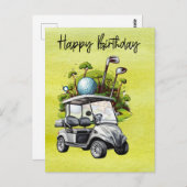 Golf Geburtstag mit Golfwagen Aquarell Postkarte (Vorne/Hinten)