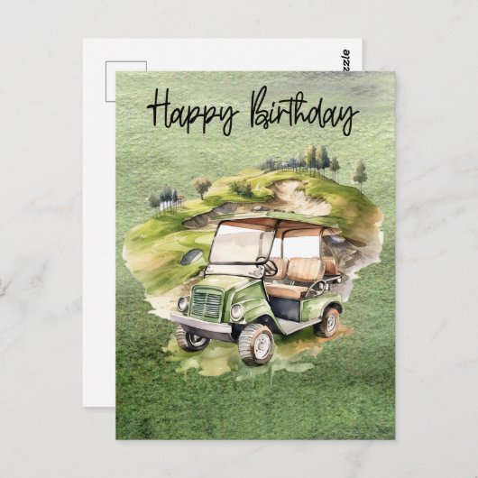 Golf Geburtstag mit Golfwagen Aquarell Postkarte (Vorne/Hinten)
