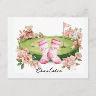 Golf Girl Baby Shower mit rosa Teddybär  Postkarte