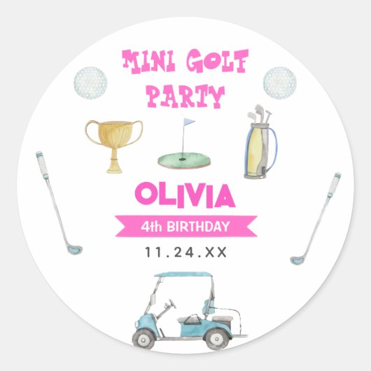 Golf Girl Birthday Party Runder Aufkleber (Vorderseite)