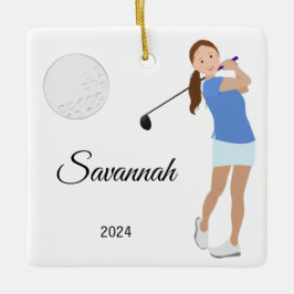 Golf Girl Brown Hair Keramikornament