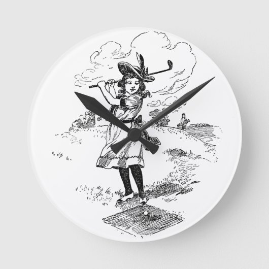 Golf Girl Golfspielen Vintage Kunst Runde Wanduhr (Vorderseite)