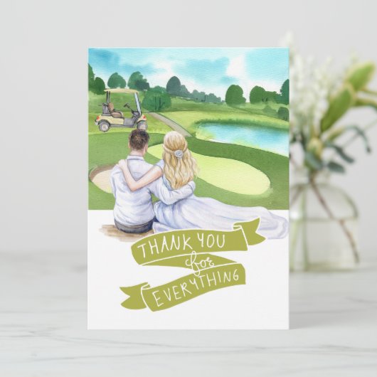 Golf Golfer Bride und Groom Golfplatz Aquarell Dankeskarte (Stehend Vorderseite)