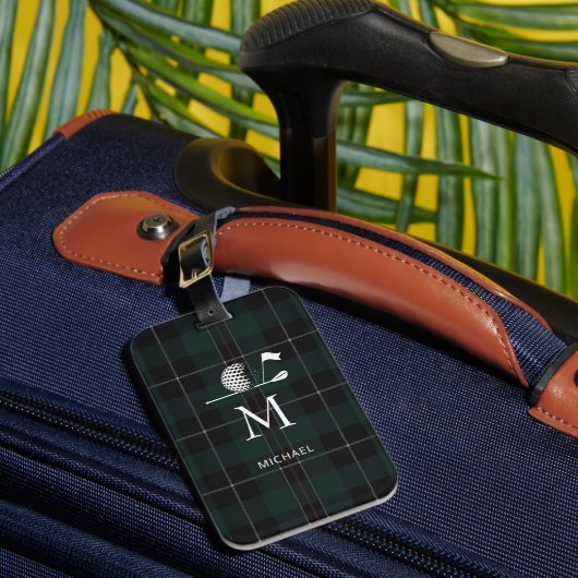 Golf Golfer Geschenk Elegantes Karo Monogramm Cust Gepäckanhänger (Vorderseite Insitu 1)
