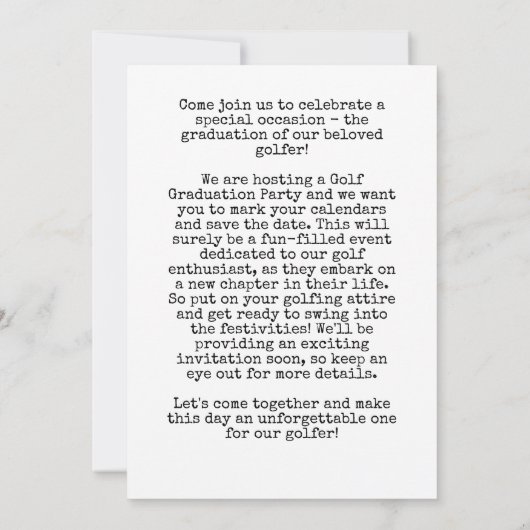 Golf Graduation Party Save the Date für Golfer Einladung (Rückseite)