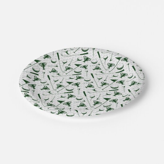 Golf Green White Golf Ball Trophy Clubs Flag Pappteller (Schrägansicht)