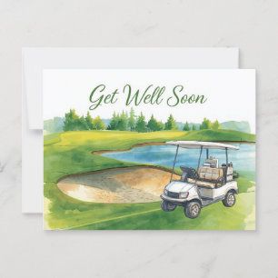 Golf Gute Besserung mit Golfwagen auf grünem Rasen Postkarte