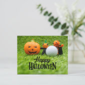 Golf Halloween mit Golfball und Geisterkürbis  Postkarte (Stehend Vorderseite)