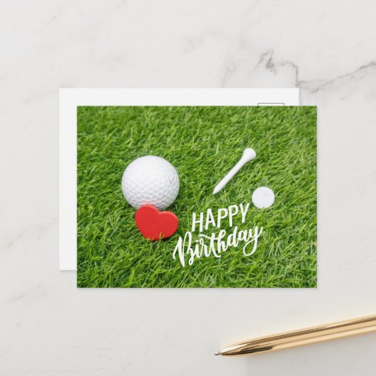 Golf Happy Birthday Golf Ball und Tee mit Liebe C Postkarte (Vorderseite/Rückseite Beispiel)
