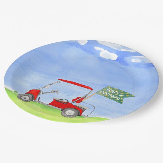 Golf Happy Birthday mit Golfwagen Packpapier Pappteller (Schrägansicht)