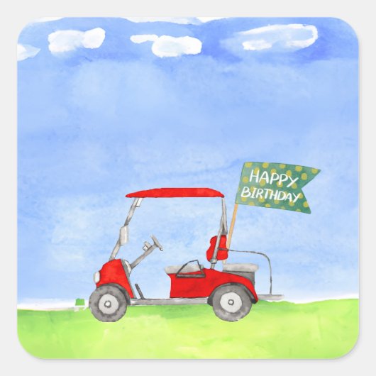 Golf Happy Birthday mit Golfwagen Packpapier Quadratischer Aufkleber (Vorderseite)
