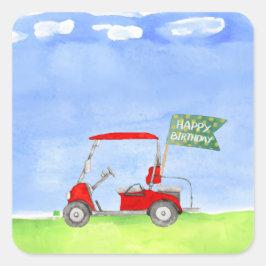 Golf Happy Birthday mit Golfwagen Packpapier Quadratischer Aufkleber