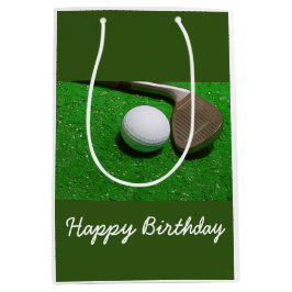 Golf Happy Birthday Tasche mit Golfball auf Grün Mittlere Geschenktüte