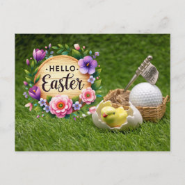 Golf Happy Easter with chicken and golf ball Feiertagspostkarte