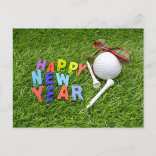 Golf Happy New Year mit Golf Ball und Tee Ankündigungspostkarte