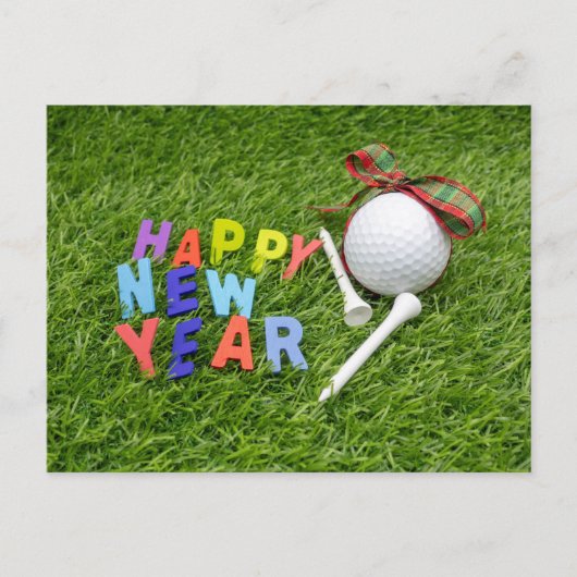 Golf Happy New Year mit Golf Ball und Tee  Ankündigungspostkarte (Vorderseite)