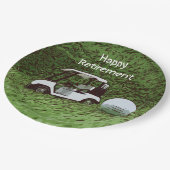 Golf-Happy-Ruhestand mit Golfball und Wagen Pappteller (Schrägansicht)
