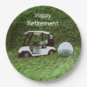 Golf-Happy-Ruhestand mit Golfball und Wagen Pappteller