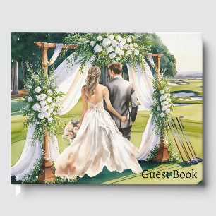 Golf-Hochzeit Braut und Bräutigam auf dem Golfplat Gästebuch