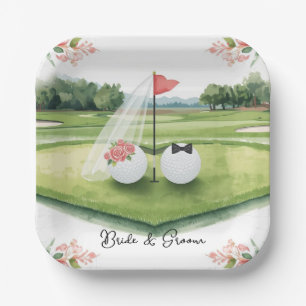 Golf-Hochzeit mit Braut und Bräutigam-Ball auf Grü Pappteller