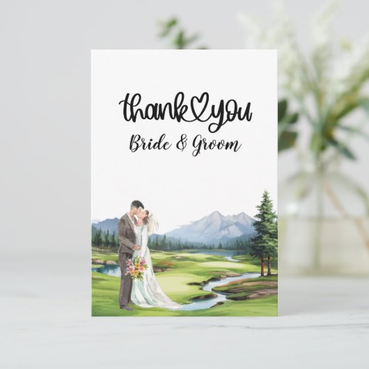 Golf Hochzeit mit Braut und Bräutigam Dankeskarte (Stehend Vorderseite)