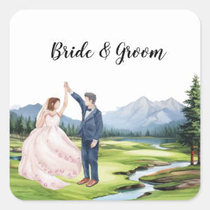 Golf Hochzeit mit Braut und Bräutigam Quadratischer Aufkleber