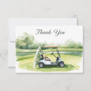 Golf-Hochzeitsfeier mit Golfwagen auf Grün Dankeskarte