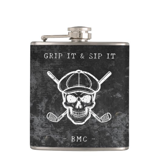  Golf Humor Grip It Sip It Custom Initials Black Flachmann (Vorderseite)