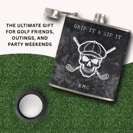 Golf Humor Grip It Sip It Custom Initials Black Flachmann