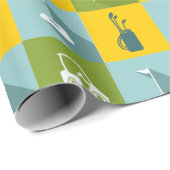 Golf-Ikonen in den Goldgrünen und blauen Quadraten Geschenkpapier (Rolleneckpunkt)