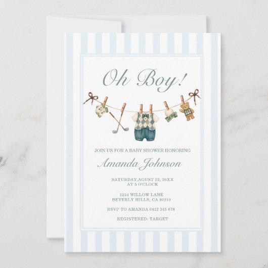 Golf Junge Blau Gingham Babyparty Einladung (Vorderseite)