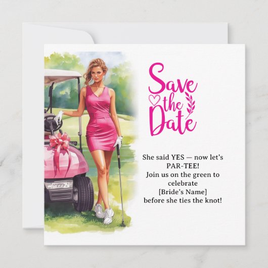 Golf Junggesellinnen Abschied Frau Golferin spielt Save The Date (Vorderseite)