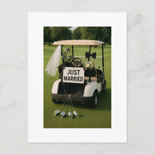 Golf Just Married mit Golfwagen Postkarte (Vorderseite)