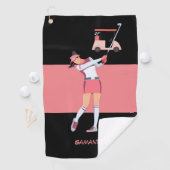Golf Lady Frau Golfen in rosa Kleid rosa Karren Golfhandtuch (Insitu)