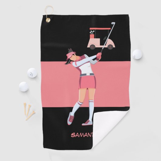 Golf Lady Frau Golfen in rosa Kleid rosa Karren Golfhandtuch (Insitu)