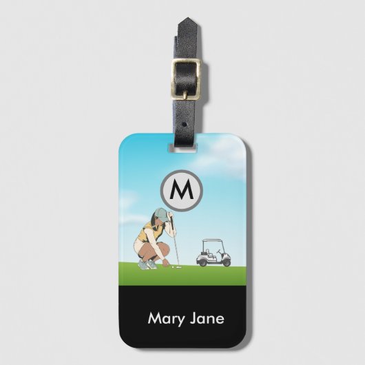 Golf Lady Golfer im Loch mit Monogram Name Gepäckanhänger (Vorderseite Vertikal)