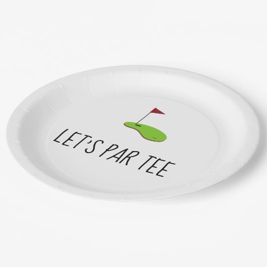 Golf Lass Par Tee mit Golfflagge auf grün weiß Pappteller (Schrägansicht)