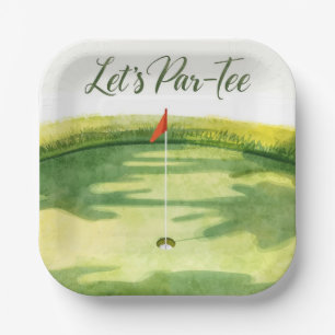 Golf Lass uns Abschlagen mit Golf Flagge auf Grün  Pappteller