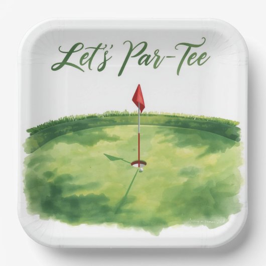 Golf Lass uns Abschlagen mit Golf Flagge auf Grün Pappteller (Vorderseite)