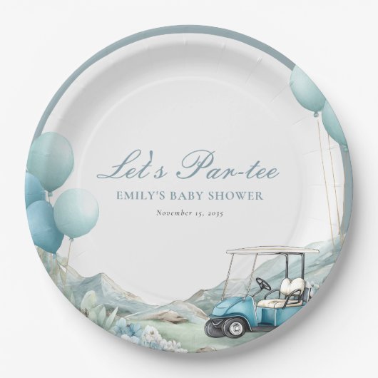 Golf Let's Par-tee Blue Baby Shower Pappteller (Vorderseite)
