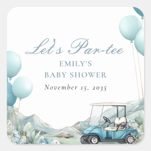 Golf Let's Par-tee Blue Baby Shower Quadratischer Aufkleber (Vorderseite)