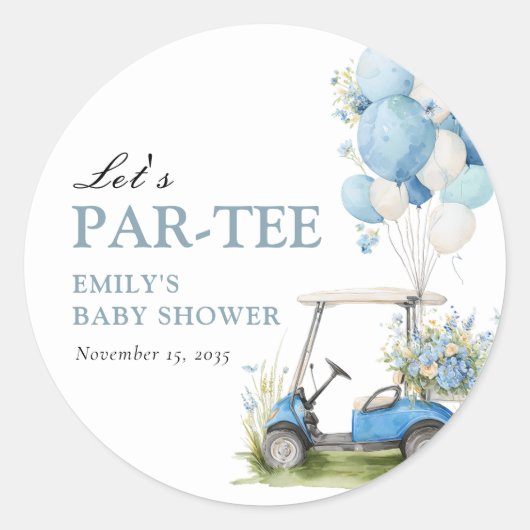 Golf Let's Par-tee Boy Baby Shower Runder Aufkleber (Vorderseite)