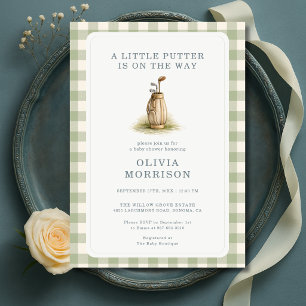 Golf Little Putter Salbeigrün Gingham-Baby-Party Einladung