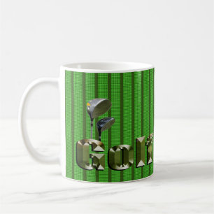 Golf-Logos und -Clubs auf grünem Karton, Kaffeetasse