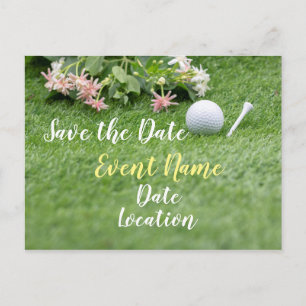 Golf mit Blume auf grünem Gras Save the Date Postkarte