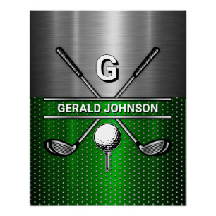 Golf Monogram Metallic Green und Silver Poster