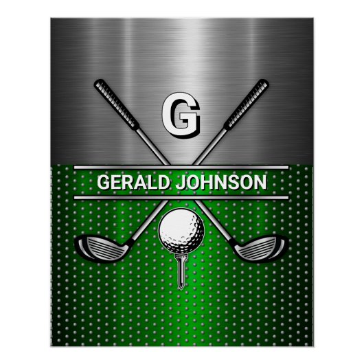 Golf Monogram Metallic Green und Silver Poster (Vorderseite)