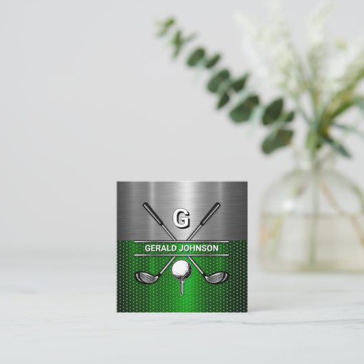 Golf Monogram Metallic Green und Silver Quadratische Visitenkarte (Stehend Vorderseite)