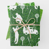 Golf-Muster mit Golfer und Golfwagen auf Grün Geschenkpapier Set (Beispiel)